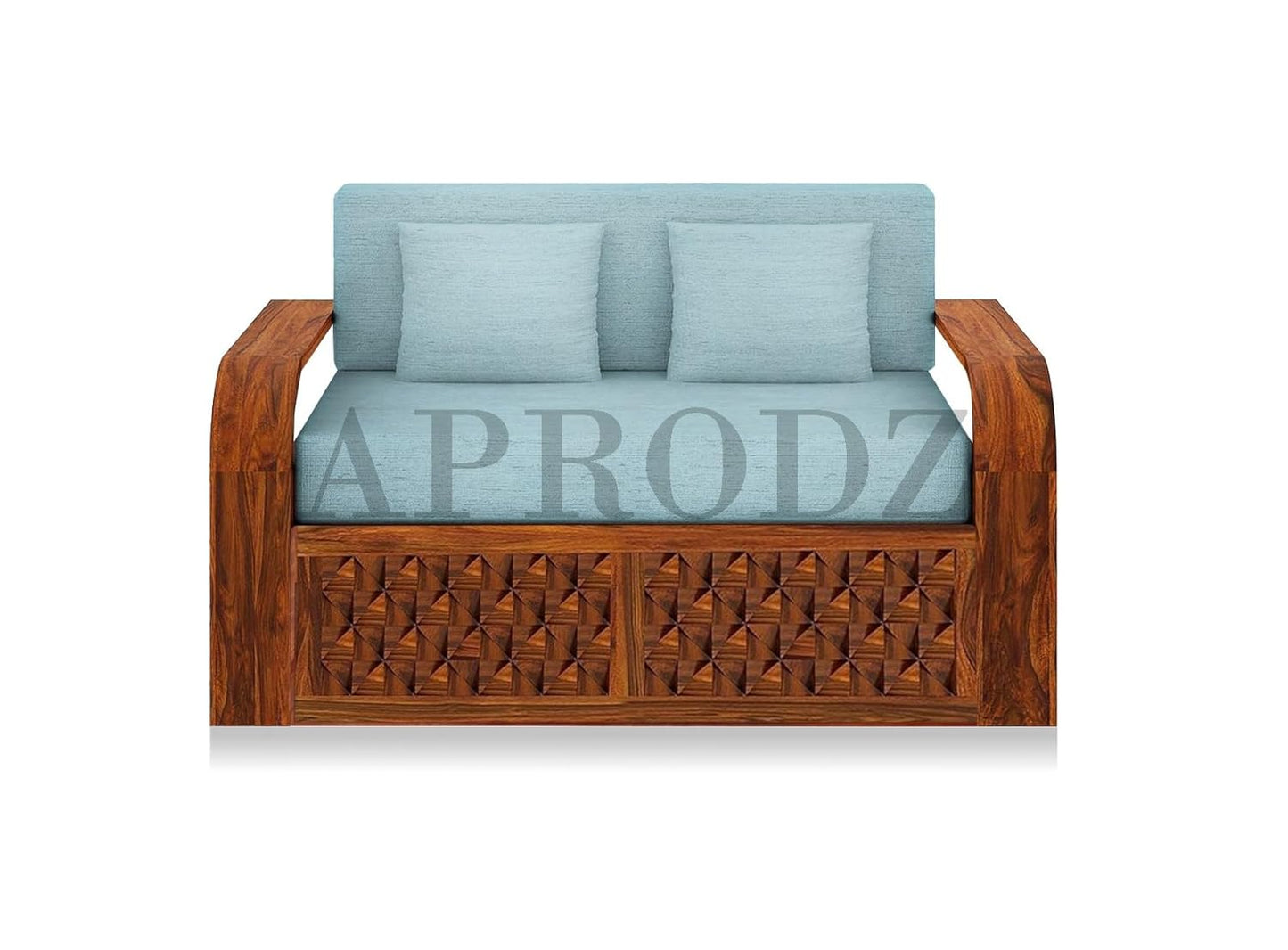 Sheesham Wood Sofa Cum Bed, 2 Seater with Storage, Geometric Design (75 x 51 x 30 Inch)