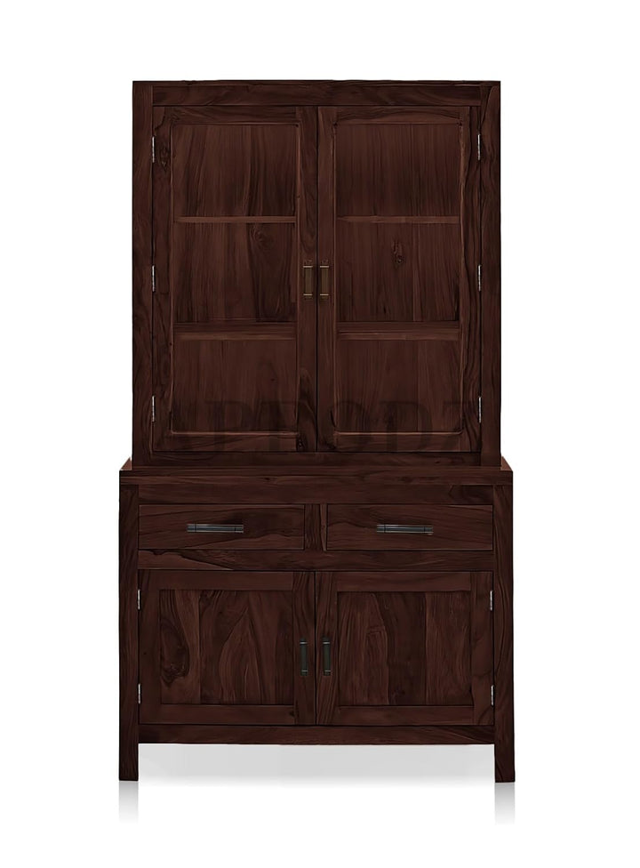 Translation missing: en.Glass Door Cabinet | 2 Drawers 3 Shelves Sheesham Wood Storage Organizer | Durable Stylish Wooden Furniture | Elegant Design Home Decor Compact Multifunctional | Compact multifunctional furniture 