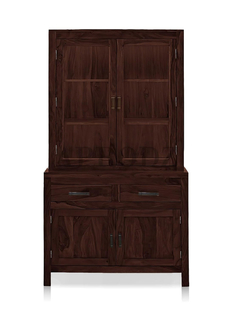 Glass Door Cabinet | 2 Drawers 3 Shelves Sheesham Wood Storage Organizer | Durable Stylish Wooden Furniture | Elegant Design Home Decor Compact Multifunctional | Compact multifunctional furniture 