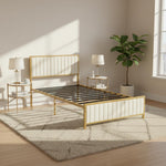 Upholstered Bed Modern Strip Headboard Footboard Platform Bed Frame with Heavy-Duty Metal Slats, No Box Spring Needed, Beige Fabric + Gold Powdercoated 