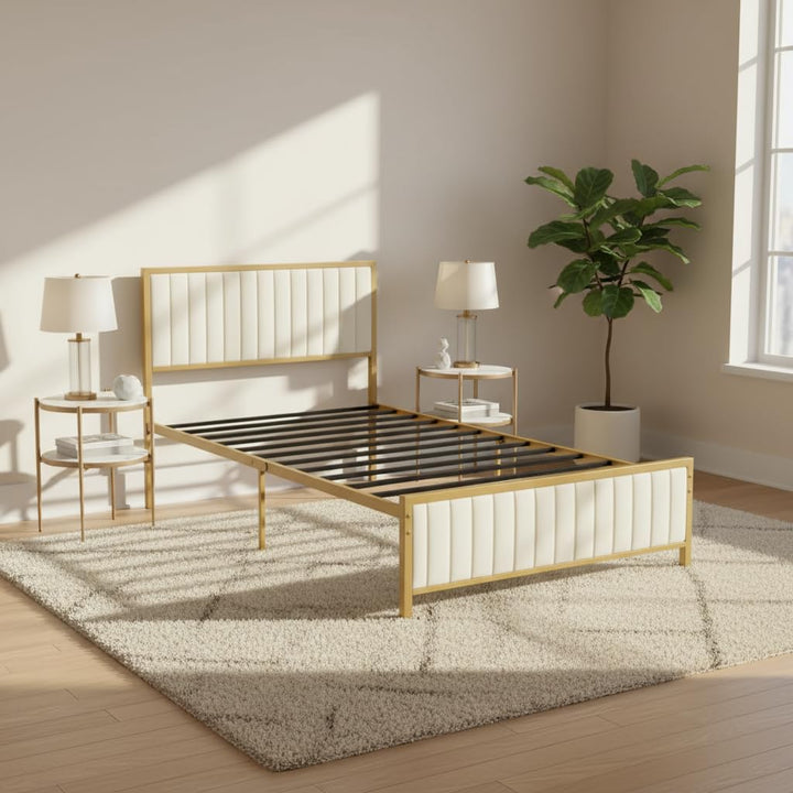 Translation missing: en.Upholstered Bed Modern Strip Headboard Footboard Platform Bed Frame with Heavy-Duty Metal Slats, No Box Spring Needed, Beige Fabric + Gold Powdercoated 