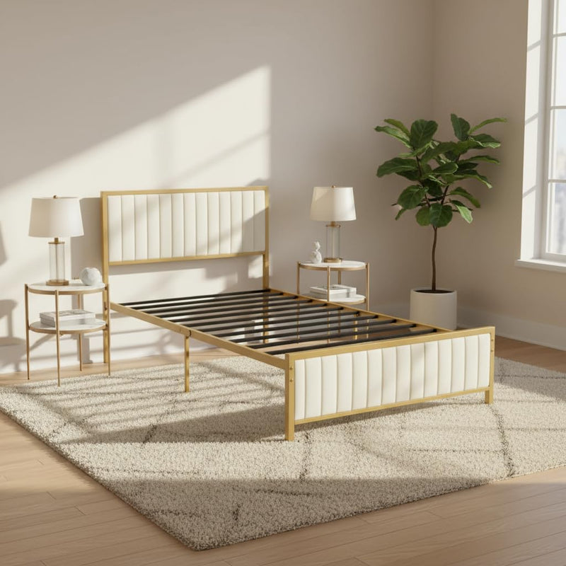 Upholstered Bed Modern Strip Headboard Footboard Platform Bed Frame with Heavy-Duty Metal Slats, No Box Spring Needed, Beige Fabric + Gold Powdercoated 