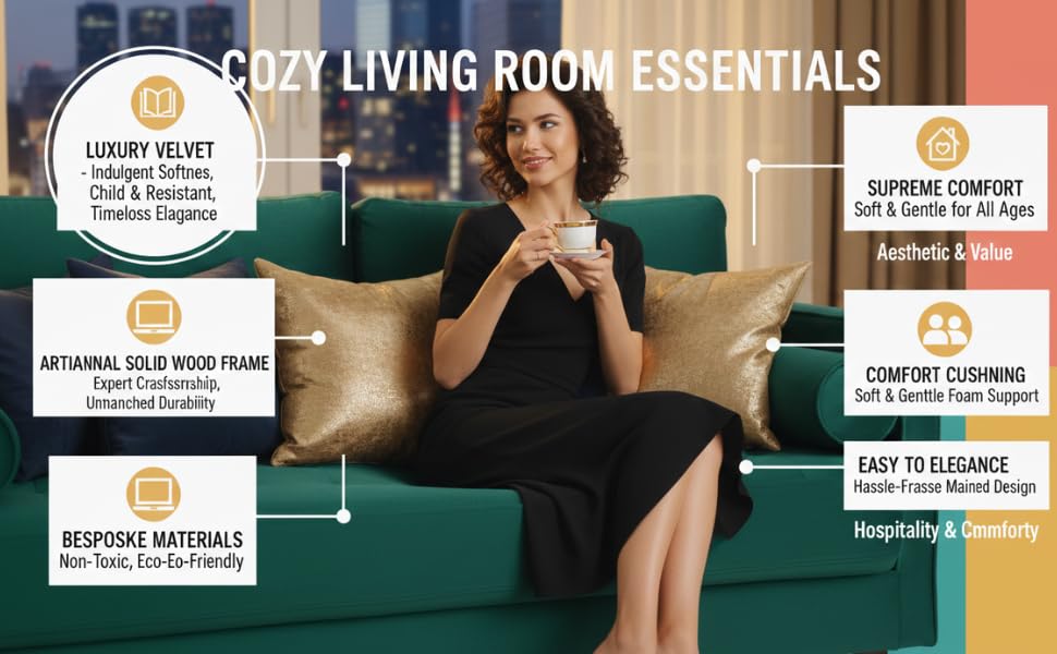 MidCen Wooden 3 Seater Sofa Set with High-Density Comfortable Foam for Home & Living Room (Upholstered- Dark Green Velvet Fabric) 