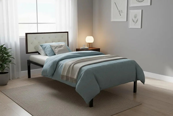 Single Size Bed with Upholstered Headboard | CR Steel Frame | Modern Platform Bed | Sturdy, Durable & Noise-Free | No Box Spring Needed | Stylish Furniture 