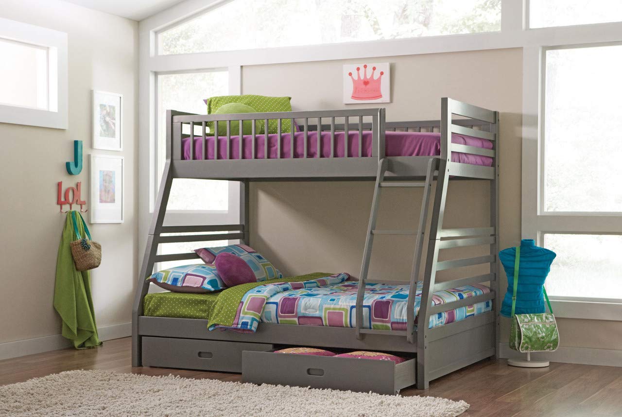 APRODZ Solid Wood Elvira Grey Twin Over Queen Size Bunk Bed with Storage