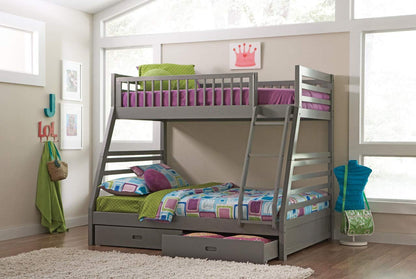 APRODZ Solid Wood Elvira Grey Twin Over Queen Size Bunk Bed with Storage