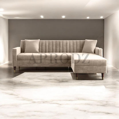 Velora L-Shape Velvet Sectional Sofa – Tufted Back, Mid-Century Modern Design with Gold-Tipped Legs | Living Room Furniture Aprodz