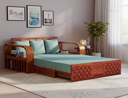Sheesham Wood Sofa Cum Bed, 3 Seater with Blue Upholstery, Carved Panel Design (75 x69 x30 Inch)