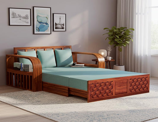 Sheesham Wood Sofa Cum Bed, 3 Seater with Blue Upholstery, Carved Panel Design (75 x69 x30 Inch)