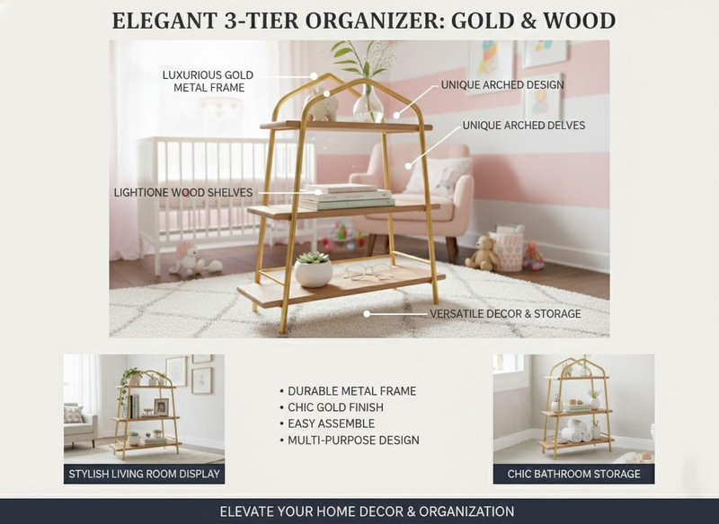 3-Tier Wood & Metal Organizer Shelf Brown Finish 
