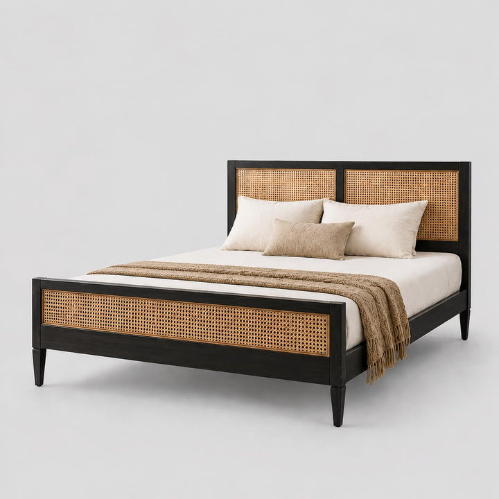 Translation missing: en.Mango Wood and Rattan Cane King Size &amp; Queen Size Bed Frame, Black Finish 