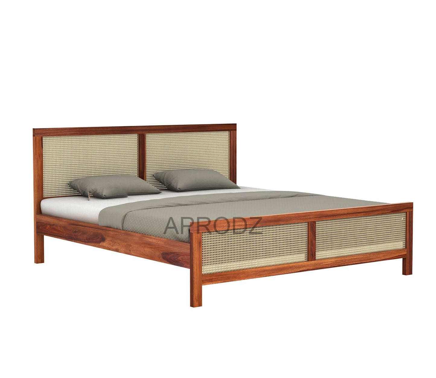 King Size & Queen Size Bed Frame with Cane Panels, Sheesham Wood, Modern Design 