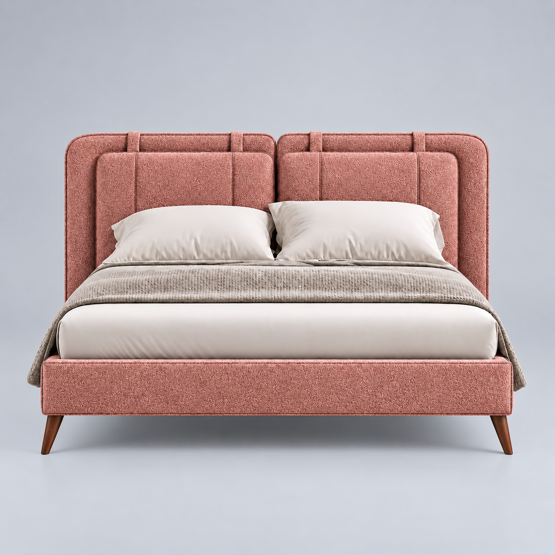 Dusty Rose Pink Upholstered Platform Bed with Panel Headboard & Wooden Legs – Textured Fabric Bed Frame 