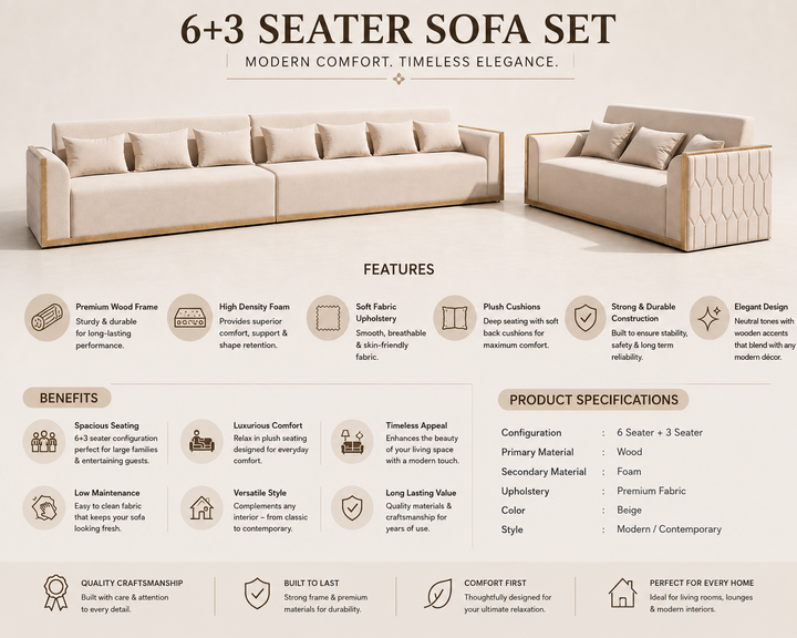Translation missing: en.Elegant Beige Fabric 6+3 Seater Sofa Set with Wooden Accents 