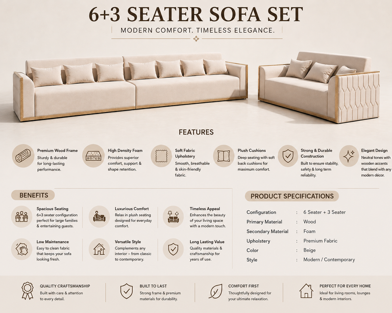 Elegant Beige Fabric 6+3 Seater Sofa Set with Wooden Accents 