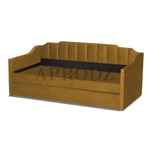 Mustard yellow Krease Daybed frame without mattresses, showing durable build and under-bed trundle section.