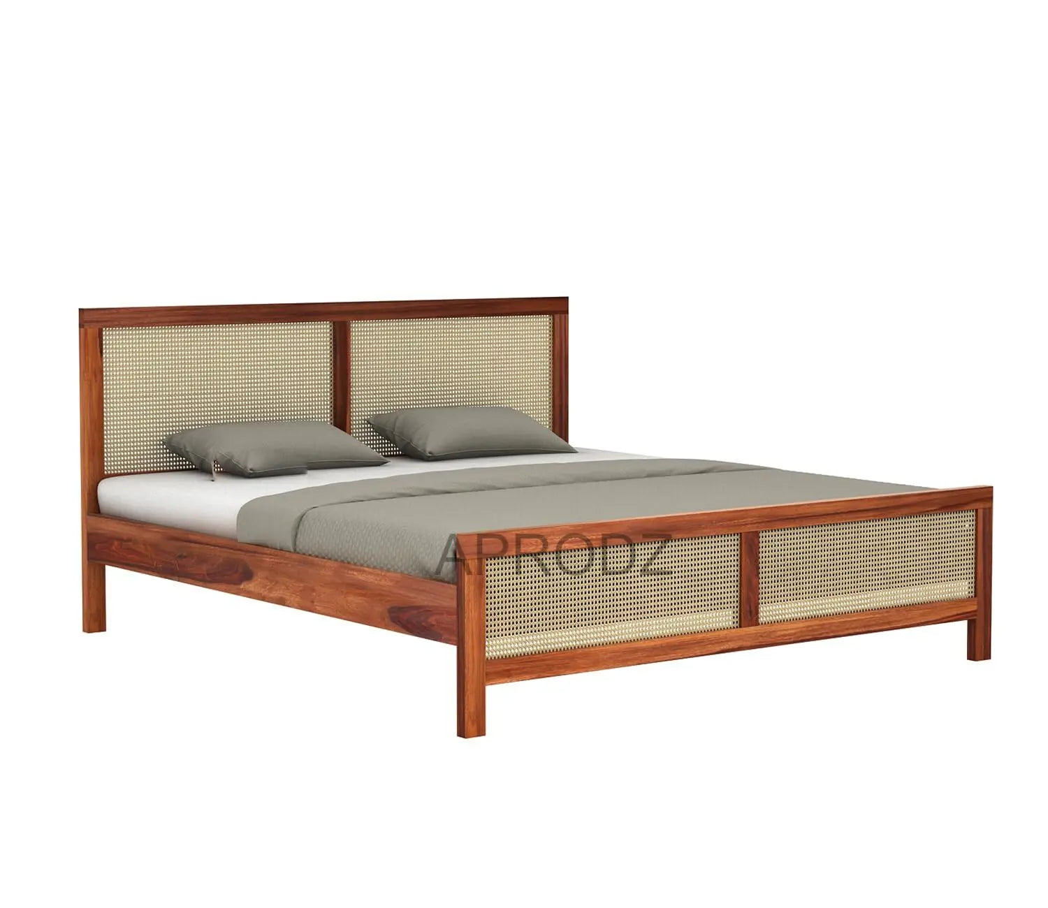 King Size & Queen Size Bed Frame with Cane Panels, Sheesham Wood, Modern Design 