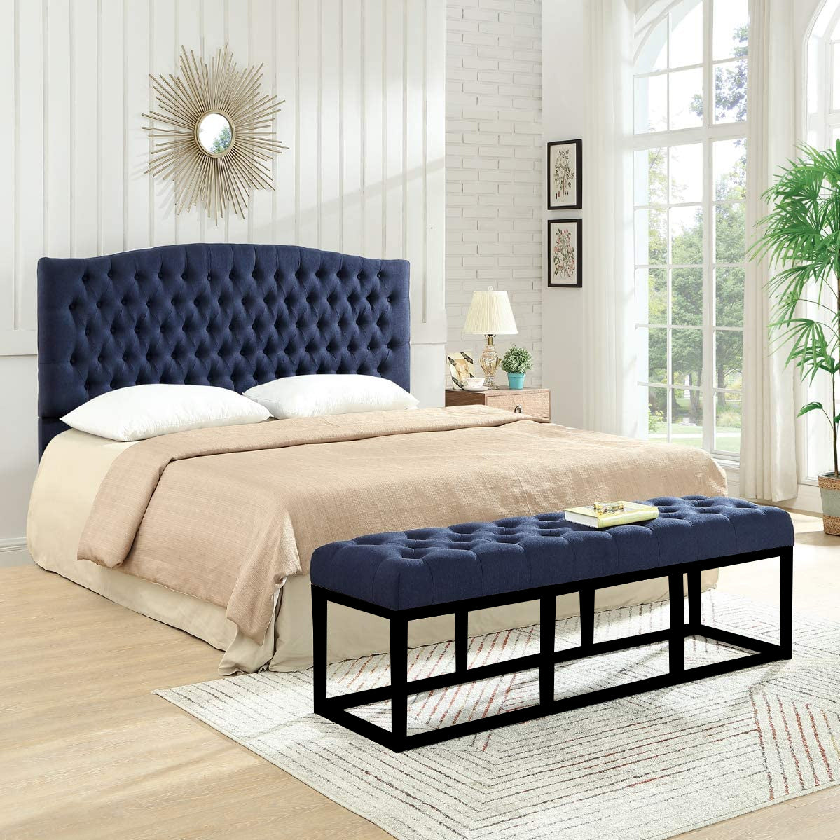 Tufted Long Upholstered Velvet and Metal Bench 