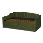 Green Krease Daybed frame without mattresses, highlighting the sturdy structure and trundle compartment for extra bedding.