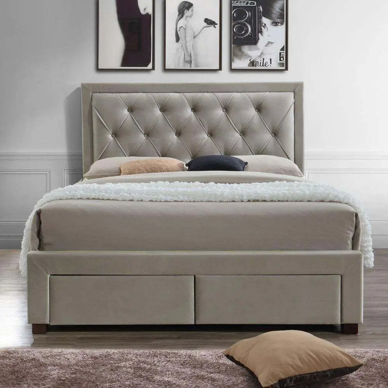 Jere Upholstered Bed with 4 Drawers for Bedroom (Suede Fabric Upholstery - Grey) 