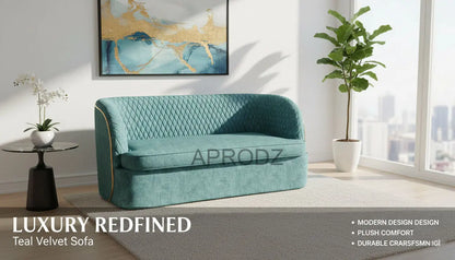 modern 3-seater sofa Luxury Curved Velvet Sofa with Gold-Plated Back – Premium High-Density Foam, Criss-Cross Stitch Design, Modern 3-Seater for Living Room (Teal Blue) 