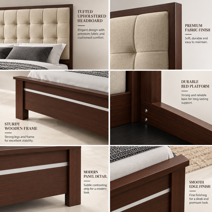 Translation missing: en.Solid Sheesham Wood Bed Without Storage Double Bed King Size Cot with Tufted Headboard Upholstered Bed for Bedroom (Beige) 