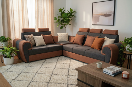 L-Shaped Sectional 6-Seater Sofa with Cushion & Coffee Table Padded Armrest Perfect Faux Leather Fabric Corner Sofa for Guests Living Room, Drawing Room, Office & Lounge (Dual Tone Grey/Brown) 