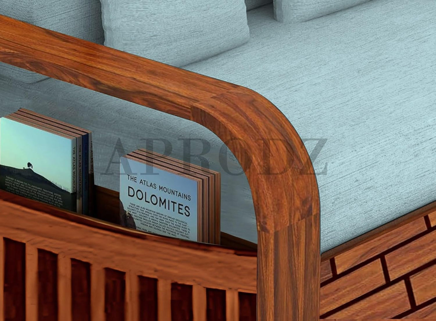 Sheesham Wood Sofa Cum Bed, 2 Seater with Turquoise Upholstery (75 x 51 x 30 Inch)