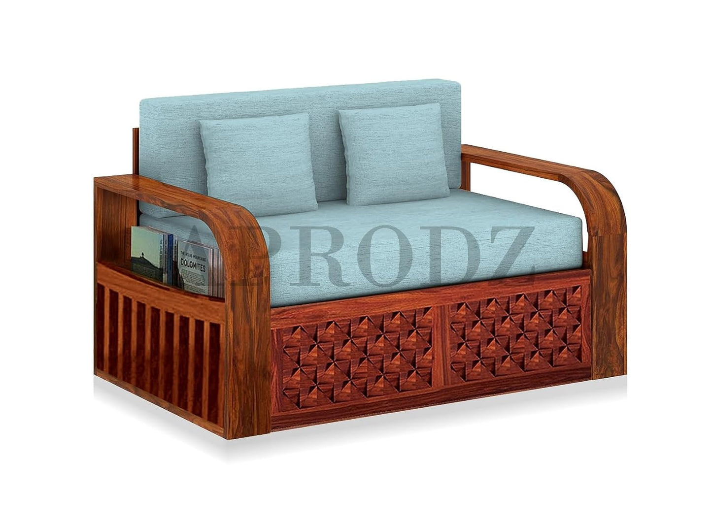 Sheesham Wood Sofa Cum Bed, 2 Seater with Storage, Geometric Design (75 x 51 x 30 Inch)