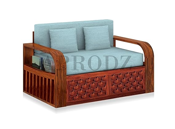 Sheesham Wood Sofa Cum Bed, 2 Seater with Storage, Geometric Design (75 x 51 x 30 Inch)  Sheesham Wood Sofa Cum Bed (2 Seater)
