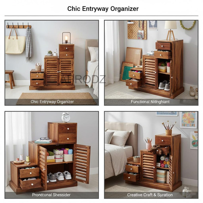 Sheesham Wood Storage Zuni Shoe Rack Cabinet for Living Room | 2 Shelf 4 Drawer Shoe Organizer | Brown 