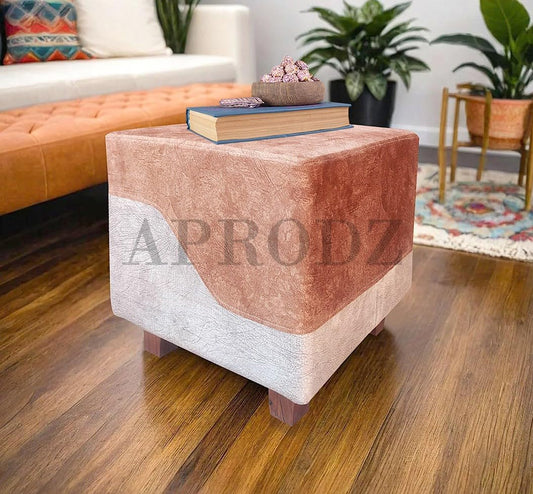 Square Printed Ottoman Stool Upholstered Foam Cushioned Pouffes for Living Room | Puffy Muddha Stool for Footrest & Sitting, Velvet Pouf Stool, Furniture for Home Decor, Office Set of 2 (Light Brown + Beige) 