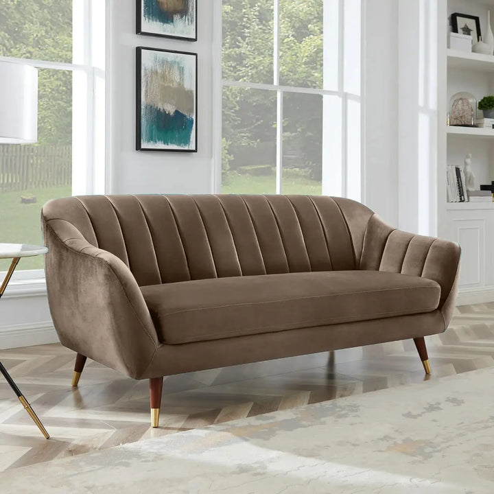 Translation missing: en.Modern Velvet 3-Seater Sofa – Channel Tufted Gold Legs (Brown) | Living room 