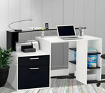 A contemporary solid mango wood study desk with storage shelves and a small cabinet, finished in a black and white color scheme.