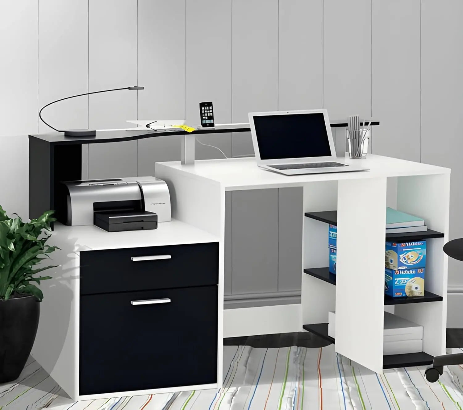 A contemporary solid mango wood study desk with storage shelves and a small cabinet, finished in a black and white color scheme.