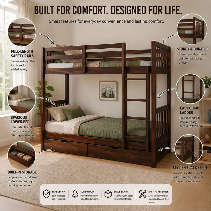 Translation missing: en.Sheesham Wood Moyer Bunk Bed for Bedroom | Brown Finish 