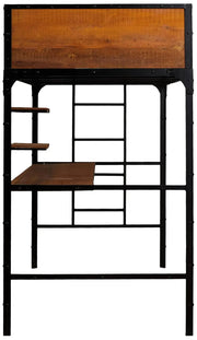 APRODZ Ellison Twin Size Bunk Bed with Work Station (Wood + Metal - Light Walnut and Black)