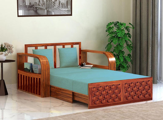 Sheesham Wood Sofa Cum Bed, 2 Seater with Storage, Geometric Design (75 x 51 x 30 Inch)