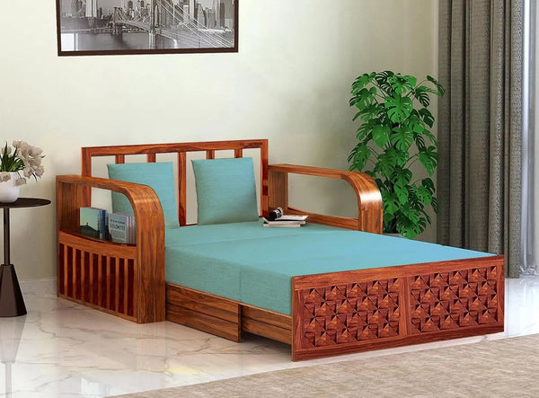 Sheesham Wood Sofa Cum Bed, 2 Seater with Storage, Geometric Design (75 x 51 x 30 Inch)  Sheesham Wood Sofa Cum Bed (2 Seater)