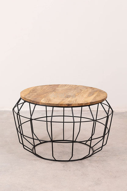 Round Solid Wood Round Top Center Coffee Teapoy Table for Living Room Furniture Portable Tea Table (Mango Wood - Natural + Black Powder Coated)