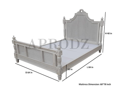 Hand-Carved French Cane Bed - Exquisite Artisan Design - Premium Queen Size Mango Wood in Light Grey 