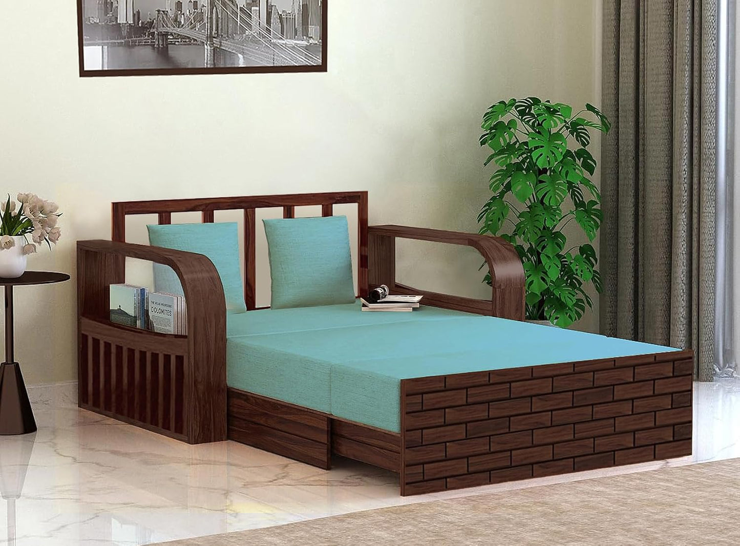 Sheesham Wood Sofa Cum Bed, 2 Seater with Turquoise Upholstery (75 x 51 x 30 Inch)  Sheesham Wood Sofa Cum Bed (2 Seater)