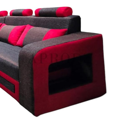 L-Shaped Sectional 6-Seater Sofa with Coffee Table Padded Armrest Perfect Fabric Corner Sofa for Guests Living Room, Drawing Room, Office & Lounge (Grey/Red) 