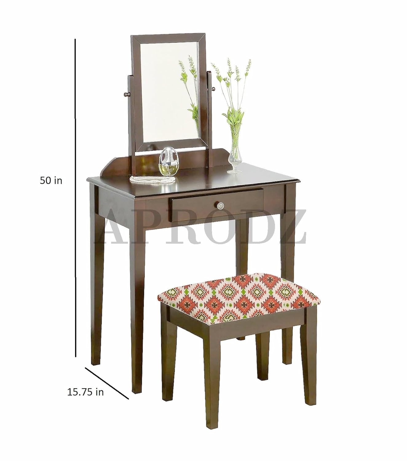 APRODZ Acacia Wood Dressing Table with Portable Stool for Living Room (Brown Finish)