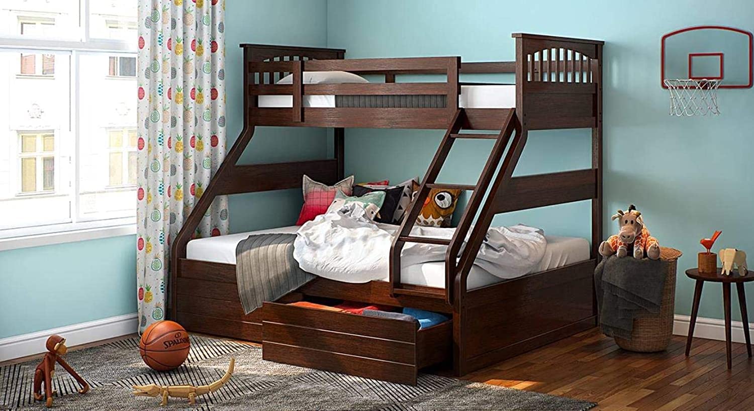 APRODZ Wonderland Queen/Twin Sheesham Wood Bunk Bed with 2 Drawer Storage for Bedroom (Rosewood - Teak)