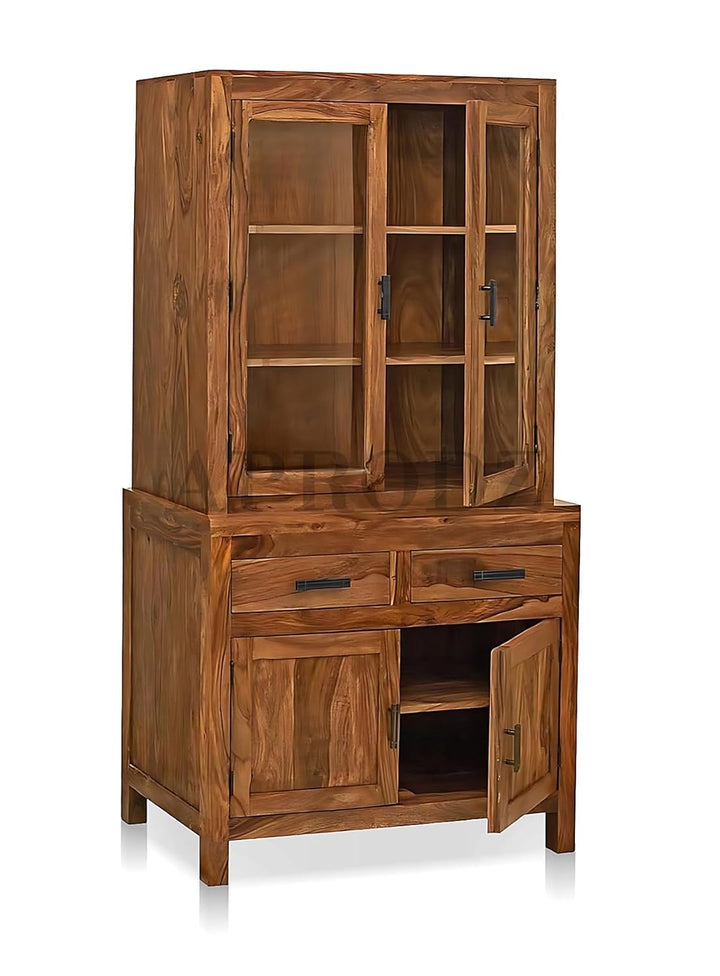Translation missing: en.Glass Door Cabinet | 2 Drawers 3 Shelves Sheesham Wood Storage Organizer | Durable Stylish Wooden Furniture | Elegant Design Home Decor Compact Multifunctional | Compact multifunctional furniture 