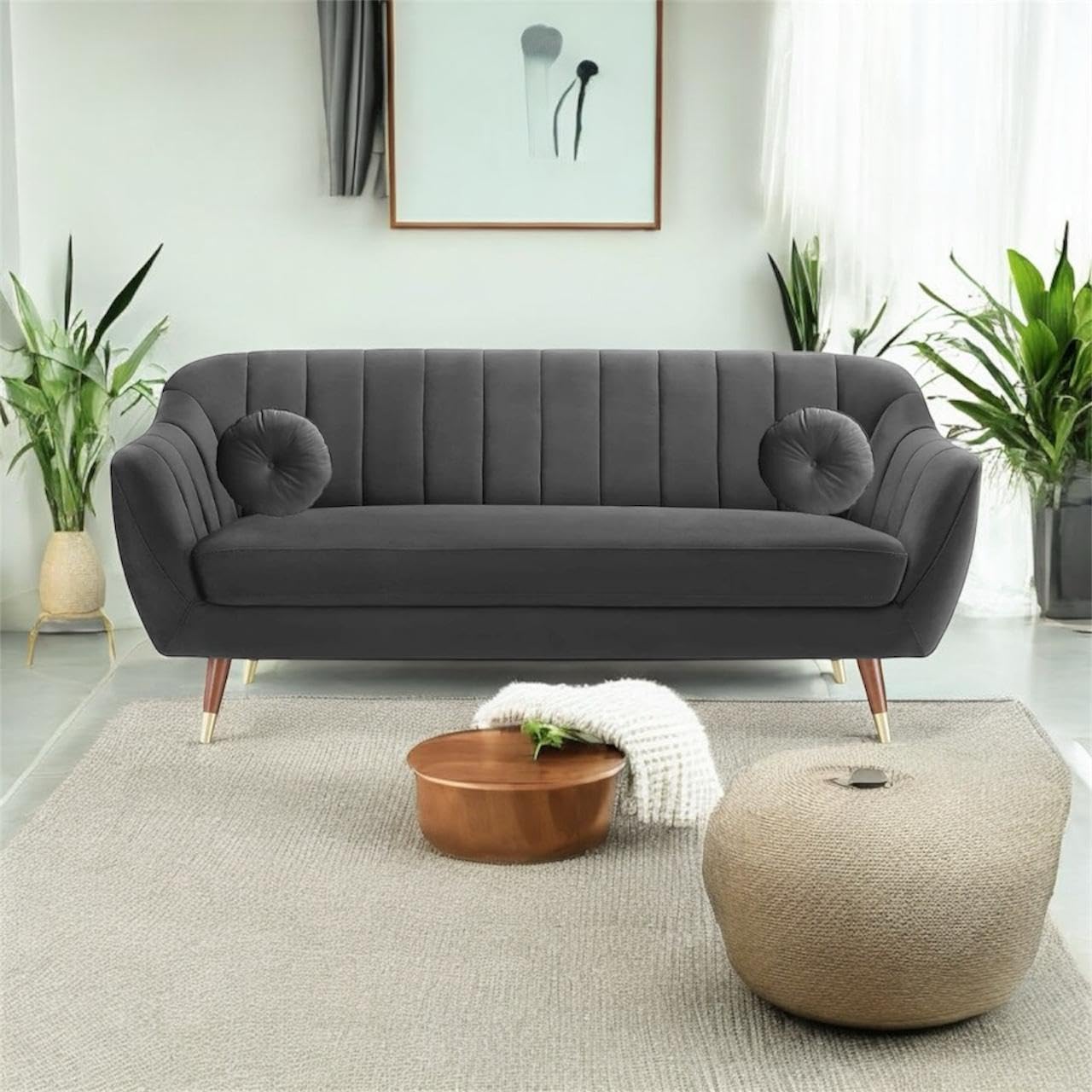 Lumina Modern Velvet Upholstered 3-Seater Sofa with Channel Tufted Backrest & Golden Metal Legs | Stylish Mid-Century Couch for Living Room & Lounge