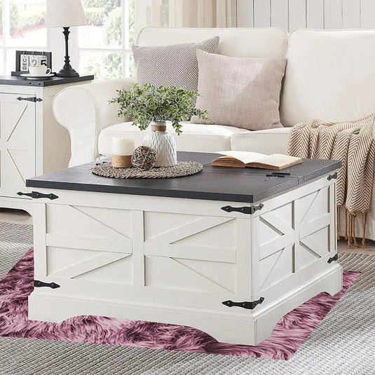 Translation missing: en.Chic White Square Coffee Table - Wood Center Table with Ample Hidden Storage &amp; Hinged Lift Top for Cocktail Gatherings 
