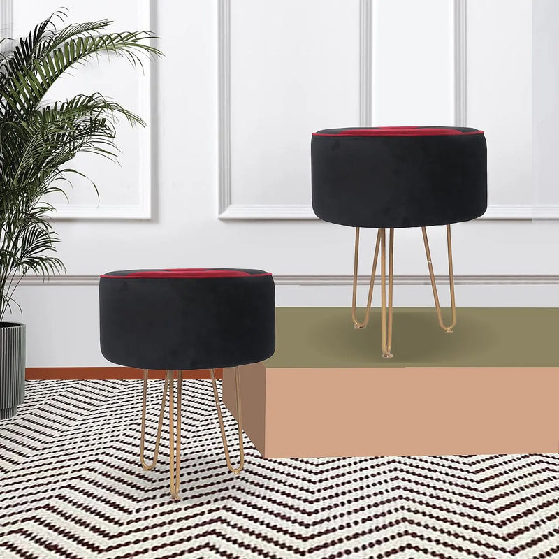 Upholstered and Steel Frame Puffy Stool Grass Green Fabric + Black Powdercoated - Set of 2 