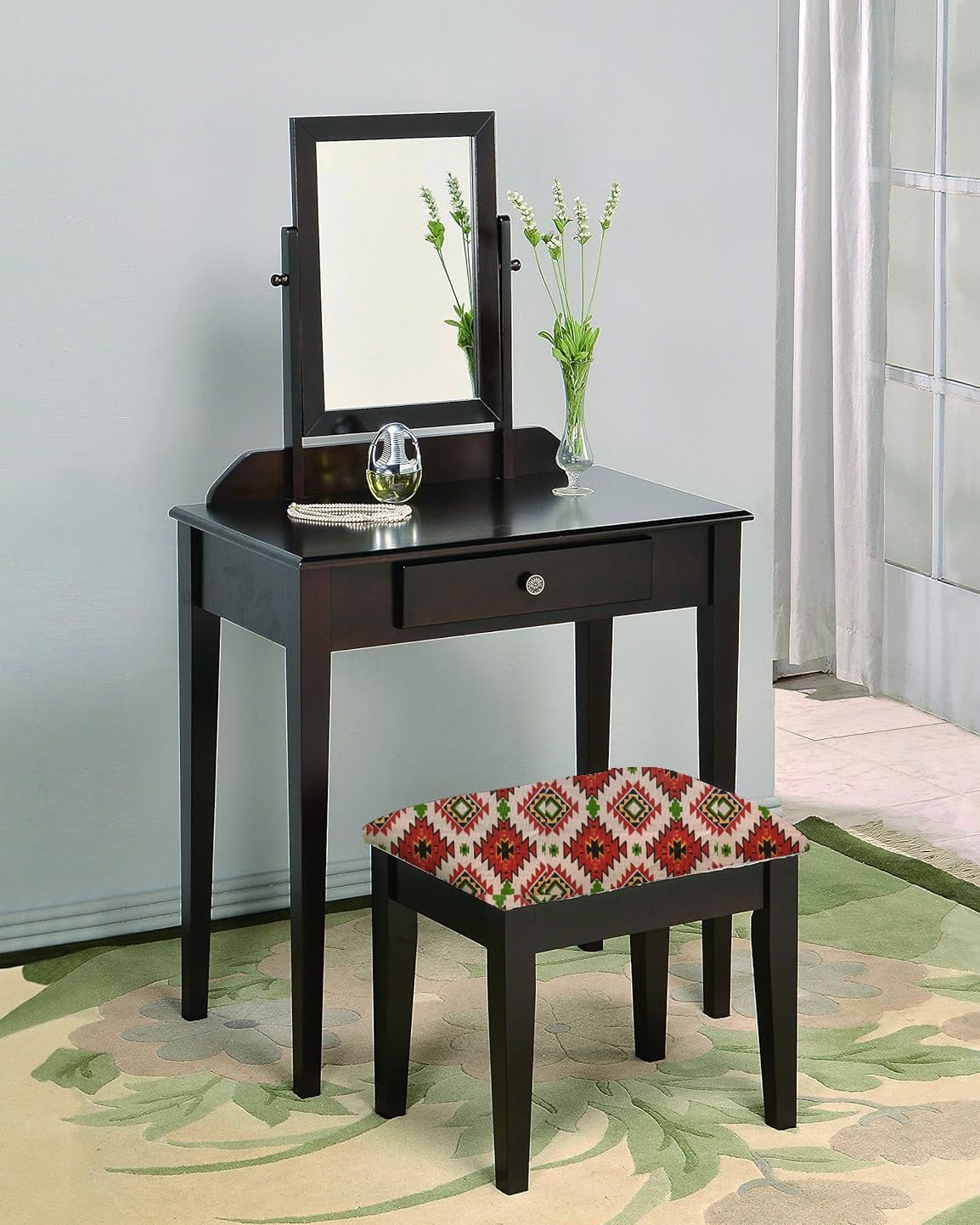 Acacia Wood Dressing Table with Portable Stool for Living Room (Espresso Finish)